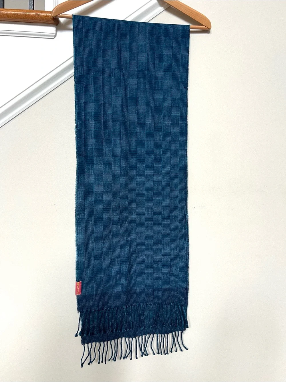 Kuna 100% Baby Alpaca Scarf Teal Black textured geo box weave Unisex Fringe